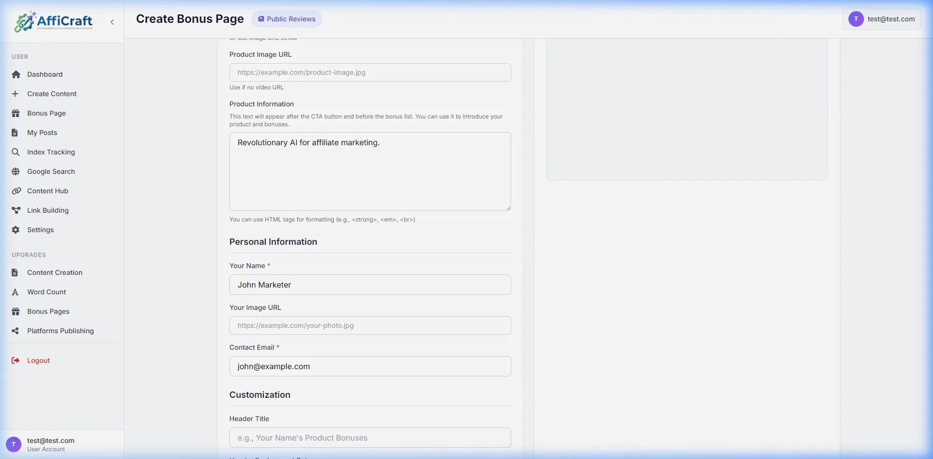 AffiCraft Bonus Page Builder