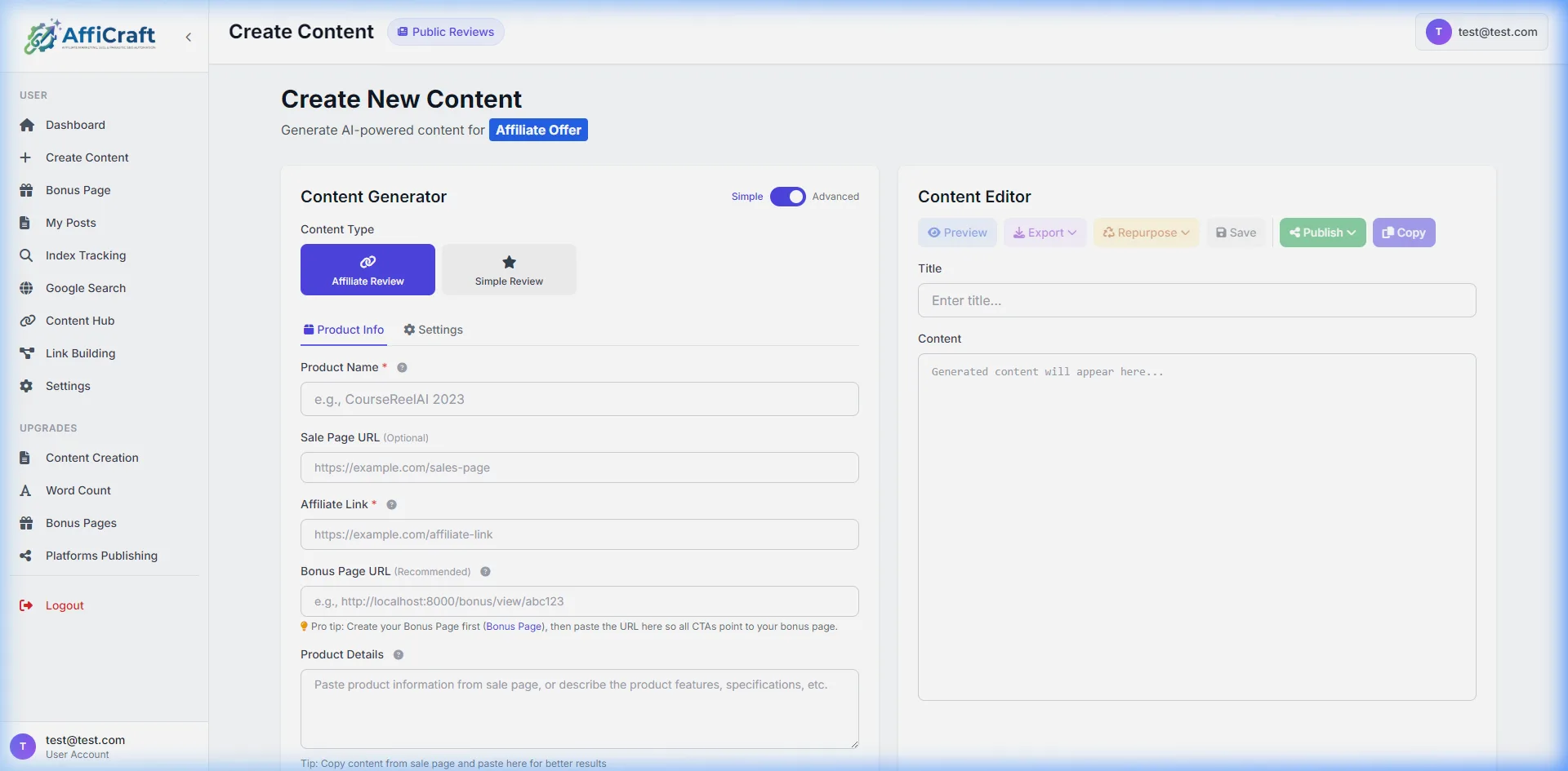AffiCraft Content Generator